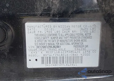 2021 Nissan Versa Sv Xtronic Cvt z USA, uszkodzony, nr VIN 3N1CN8EV2ML862861